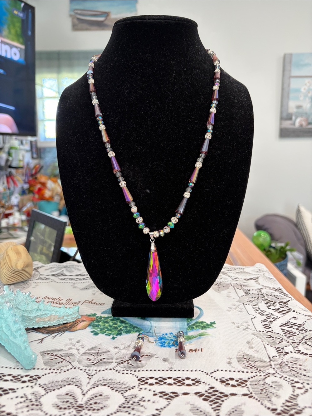 Iridescent Teardrop Pendant Necklace - Purple Bead Accents